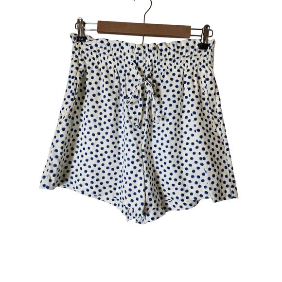 H&M White Blue Polka Dot Linen Blend Paper Bag Retro Active Hi-Waist Shorts SZ M - Picture 1 of 8